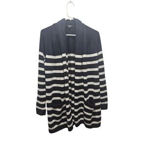 Talbots Petite MP Navy White Stripe Nautical Winter Cardigan Open Front Pocket M